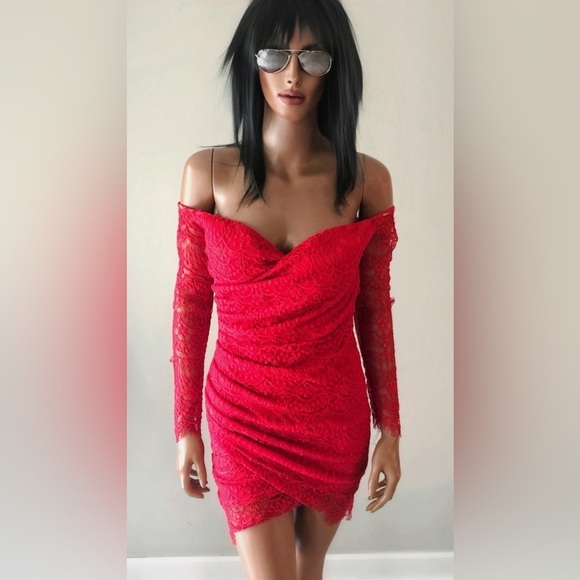 Little Red Dress Size Small Lace Off-Shoulder Lady in Red🔥 - Picture 2 of 6